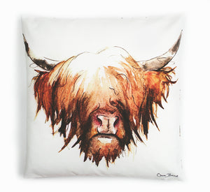 Highland Cow Hairy Coo Cotton Cushion | Artist, Clare Baird