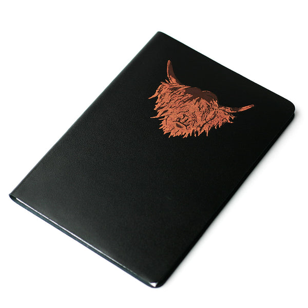 Highland Cow Hairy Coo Scottish Leather Journal Black | Artist, Clare Baird