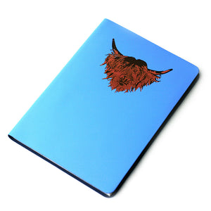 Highland Cow Hairy Coo Real Scottish Leather Journal Skye Blue Large A5 | Artist, Clare Baird