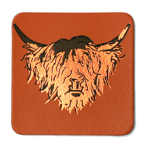 Highland Cow Tan Real Leather Coaster