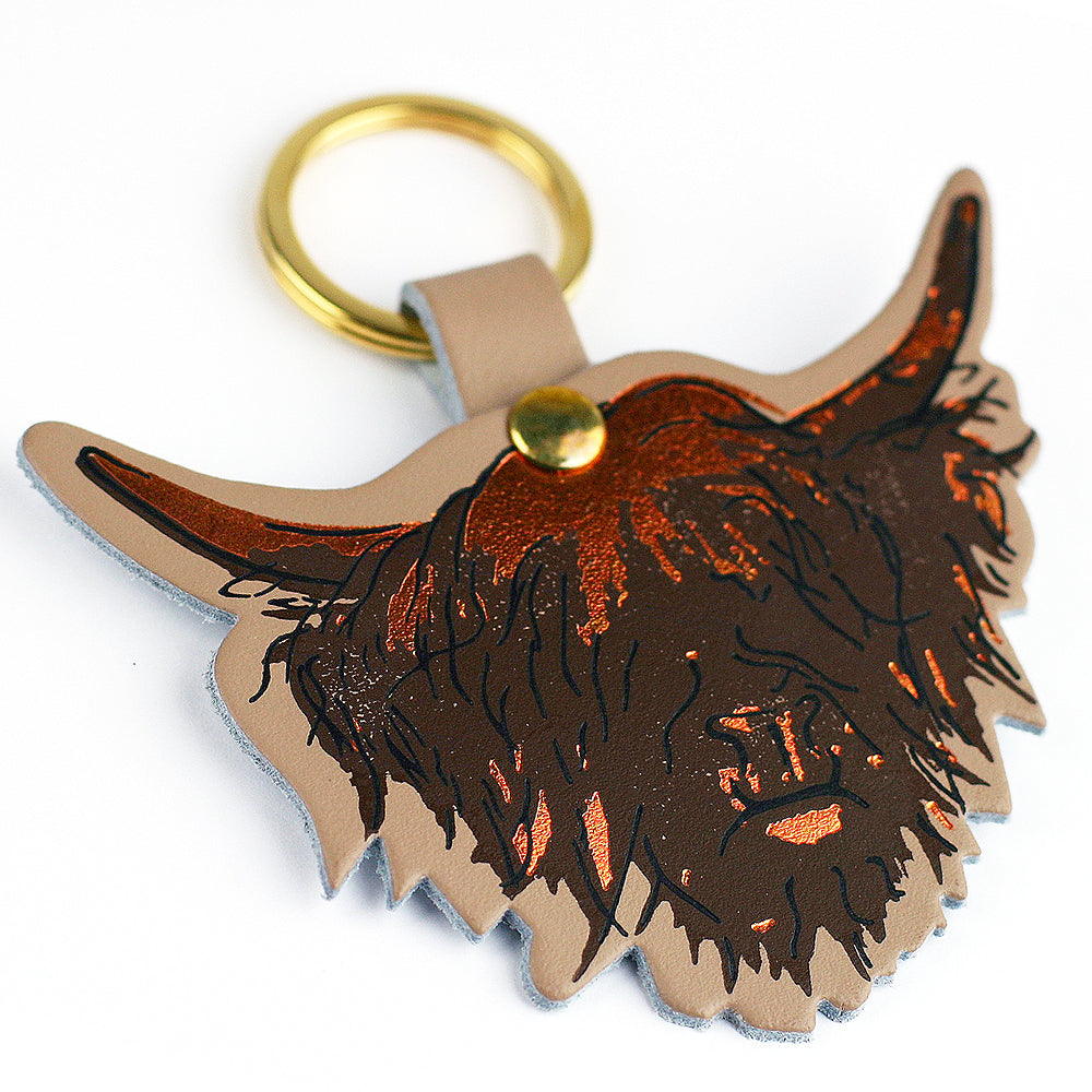 Highland Cow Hairy Coo Scottish Leather Key Ring | Artist, Clare Baird