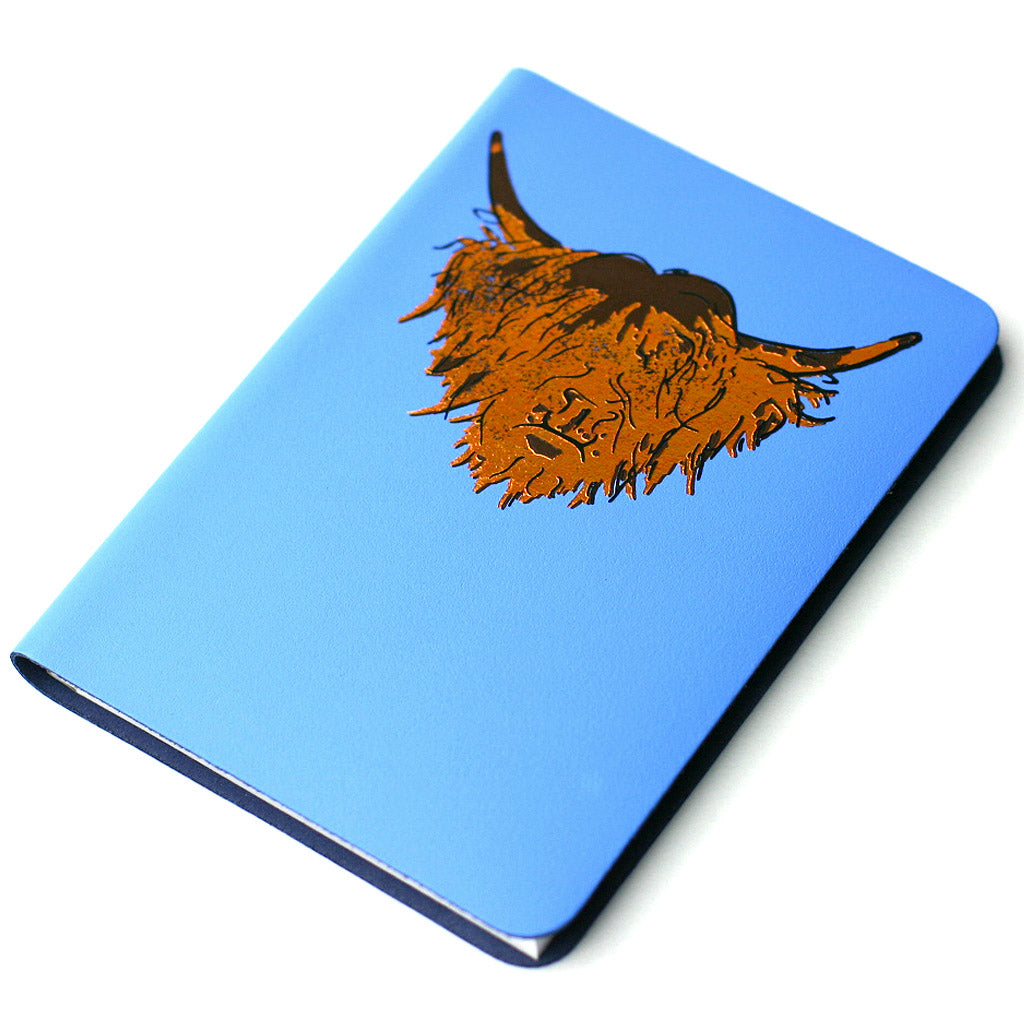 Highland Cow Hairy Coo Scottish Leather Journal  Skye Blue | Artist, Clare Baird