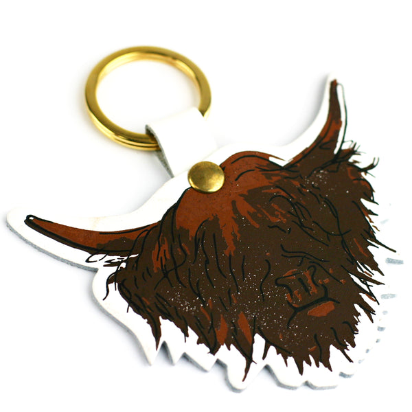 Highland Cow Hairy Coo Scottish Leather Key Ring White | Artist, Clare Baird